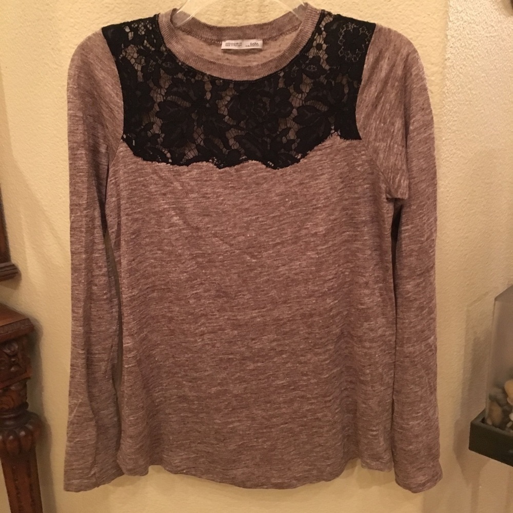 ZARA Taupe w/ Lace Long Sleeve Size Small